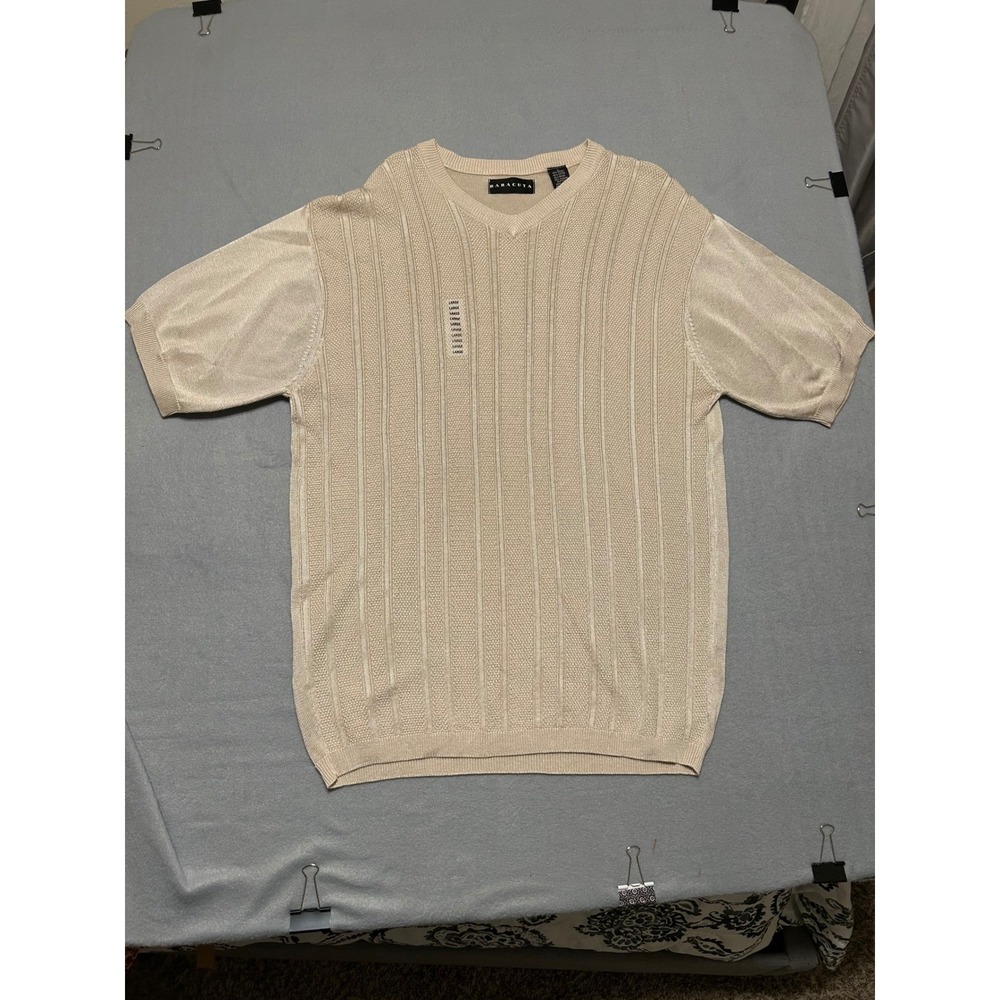 Baracuta Mens V-Neck Knit Sweater Short Sleeve Beige Textured Stripe Large NEW